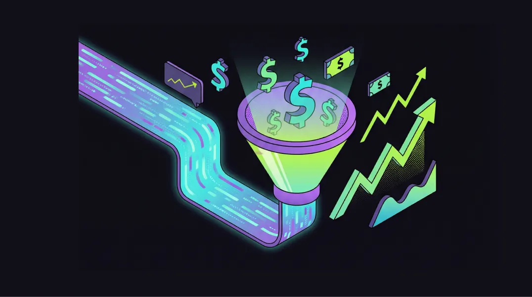 Isometric illustration of revenue attribution dashboard showing data flowing through conversion funnel to revenue counter.