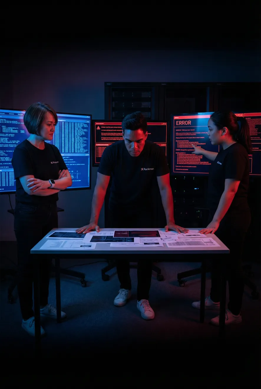Rankmax technical SEO consultant team reviewing crawl errors and site issues on a dashboard screen.
