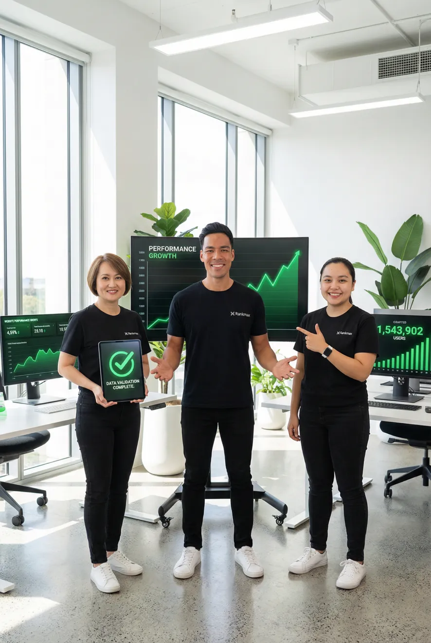 Rankmax technical SEO consulting team collaborating on site architecture and AI search optimisation results.