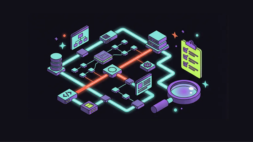 Isometric illustration of a technical SEO audit showing website crawl data and a prioritised fix list.