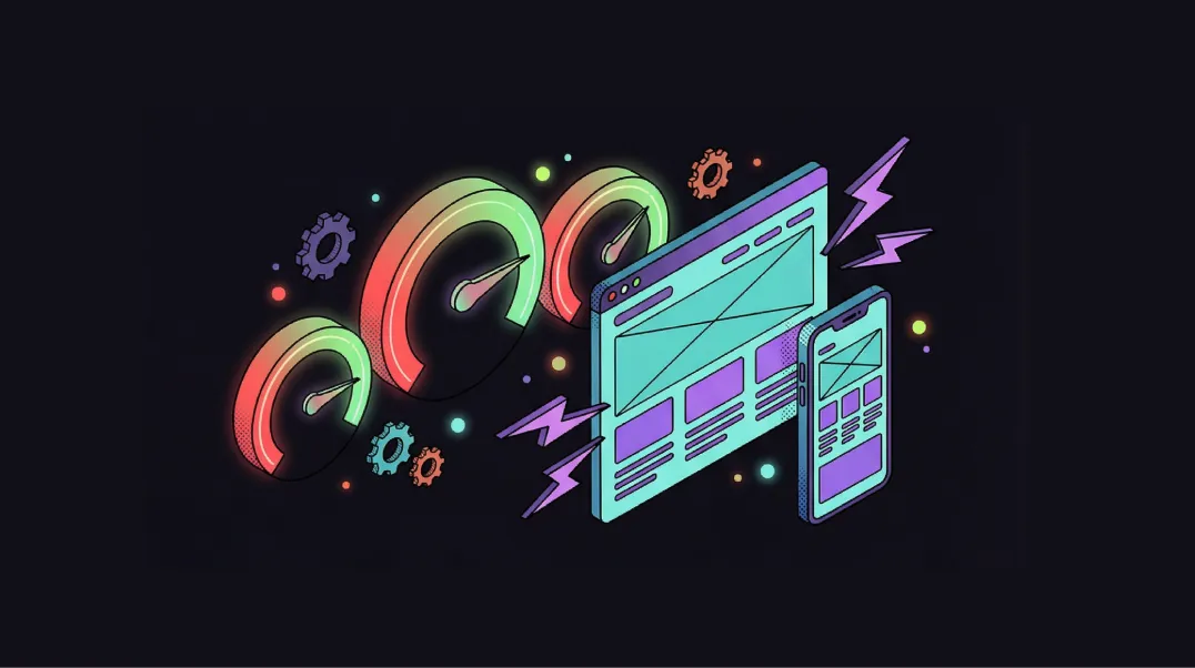 Isometric 3D illustration of Core Web Vitals metrics showing LCP, INP and CLS performance scores.