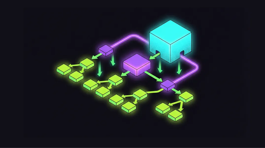 Isometric 3D scene of website site architecture with URL structure and internal linking optimisation.