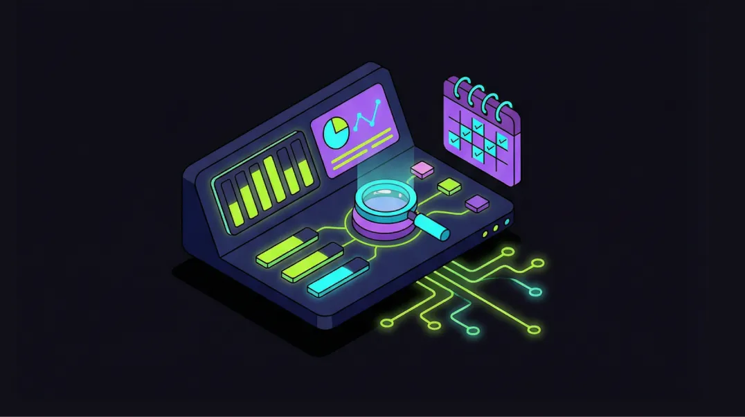 Isometric 3D illustration of ongoing technical SEO health monitoring with monthly performance dashboard.