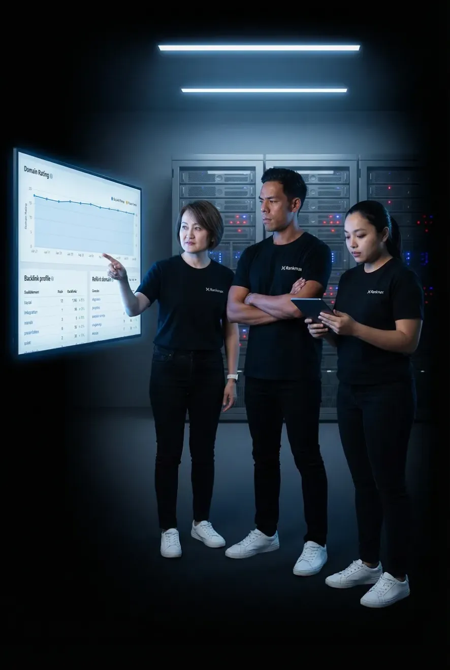 Rankmax link building agency team analysing weak backlink profile data on a large digital dashboard.