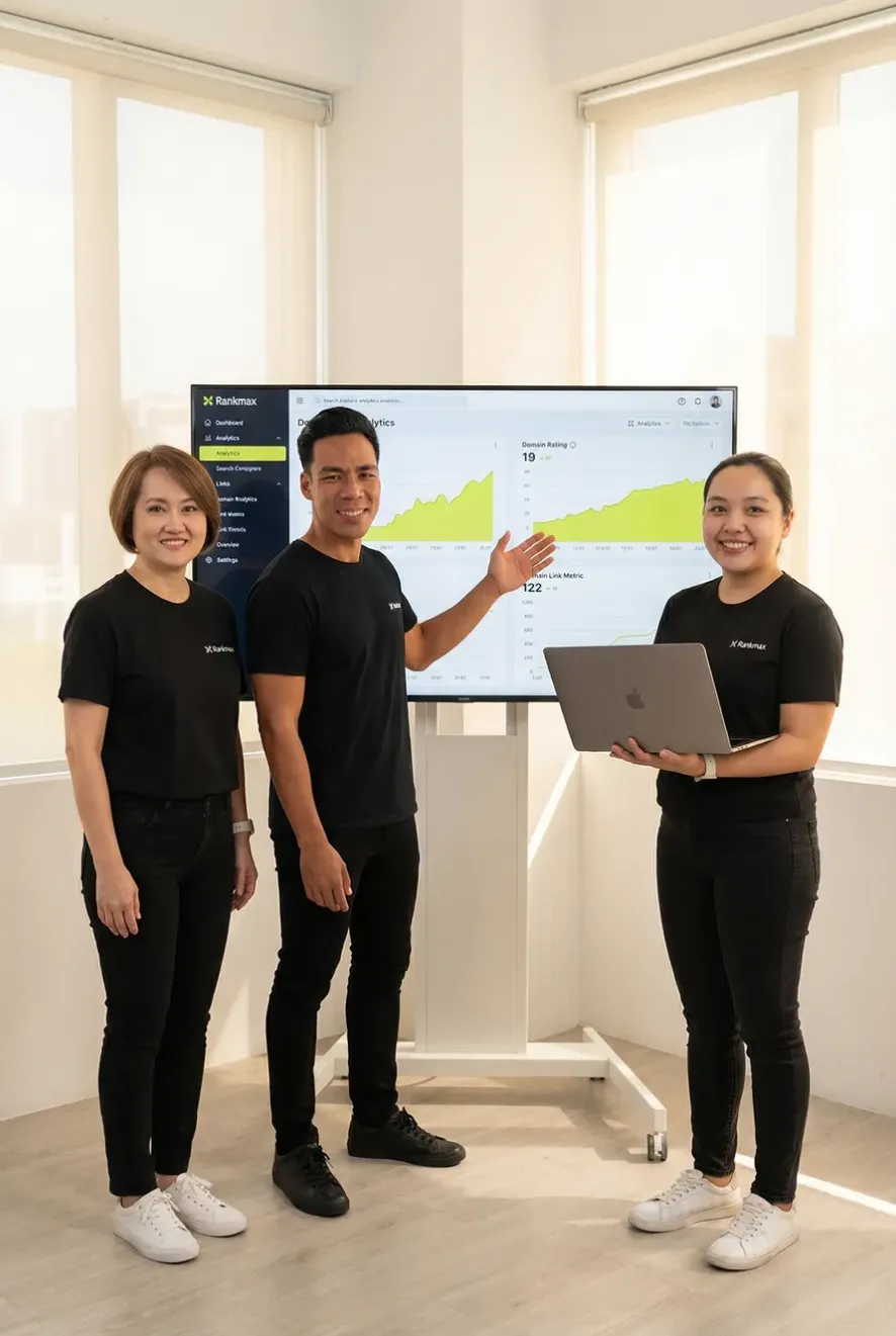 Rankmax link building agency team presenting domain authority growth and AI citation results on screen.