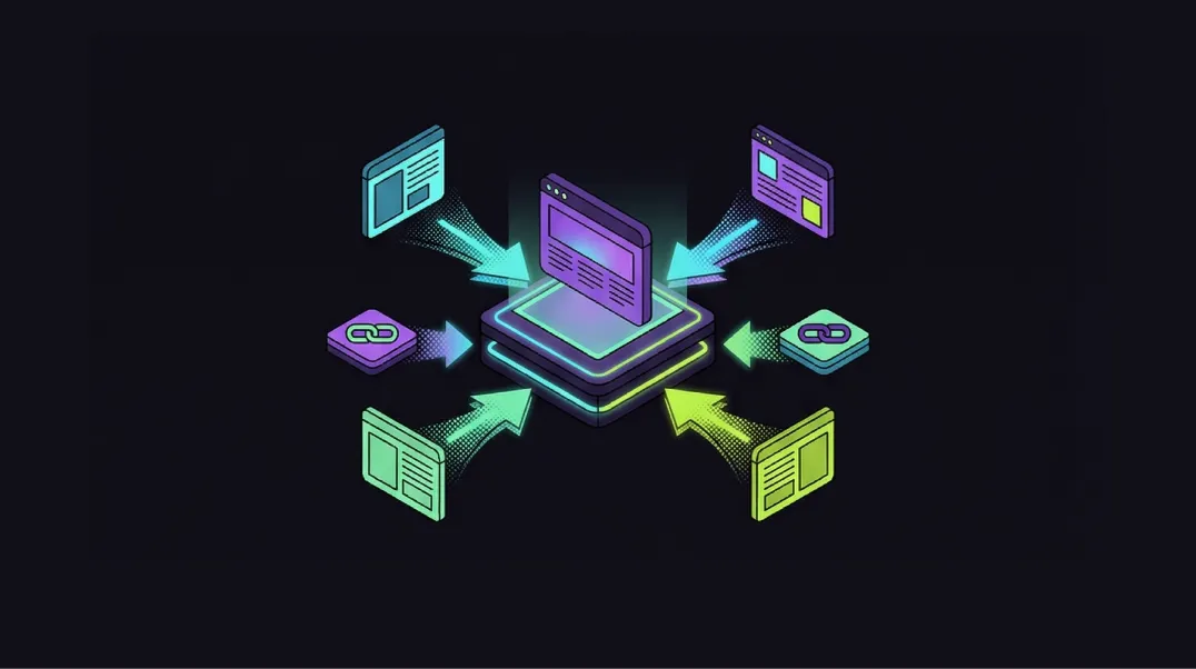 Isometric illustration of guest post link building with glowing link arrows flowing to a website node.