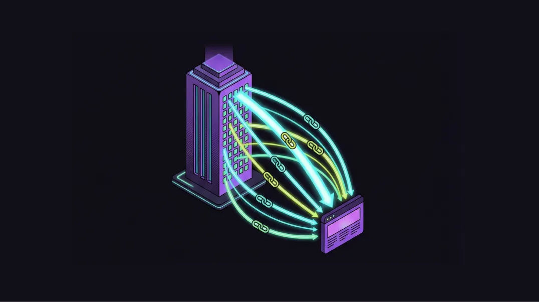 Isometric illustration of a digital PR campaign sending high-authority backlinks to a brand website.