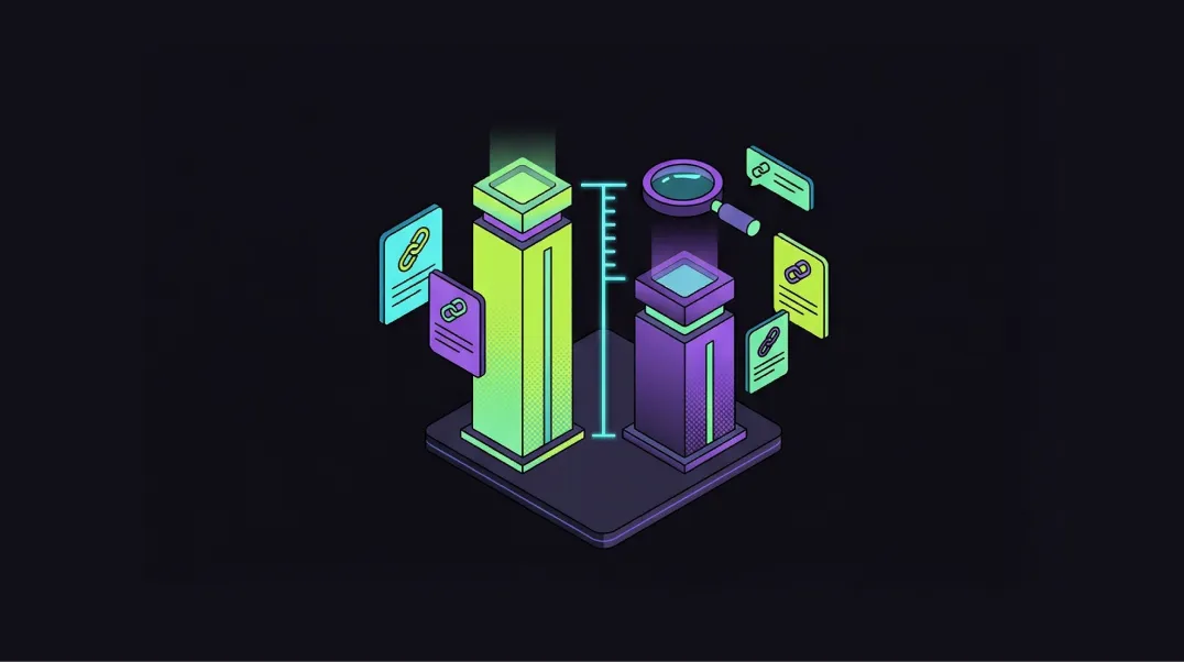 Isometric illustration of SEO competitor link gap analysis comparing two domain authority towers.