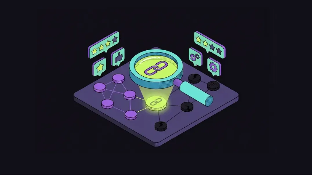 Isometric illustration of a link profile audit examining backlink node quality with a magnifying glass.