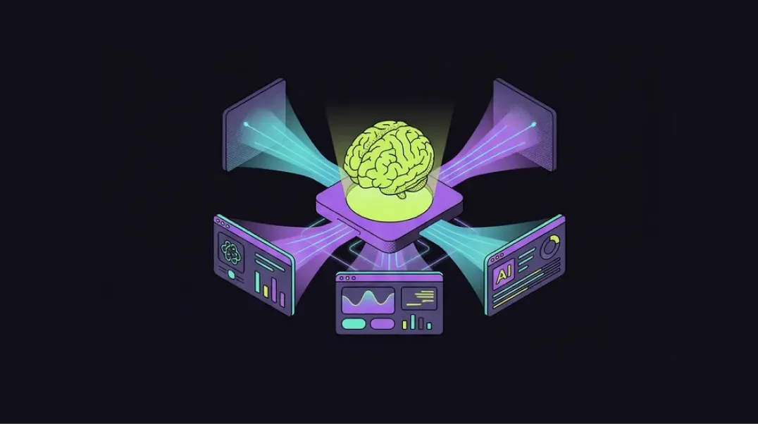 Isometric illustration of an AI citation link strategy connecting backlinks to AI search platforms.