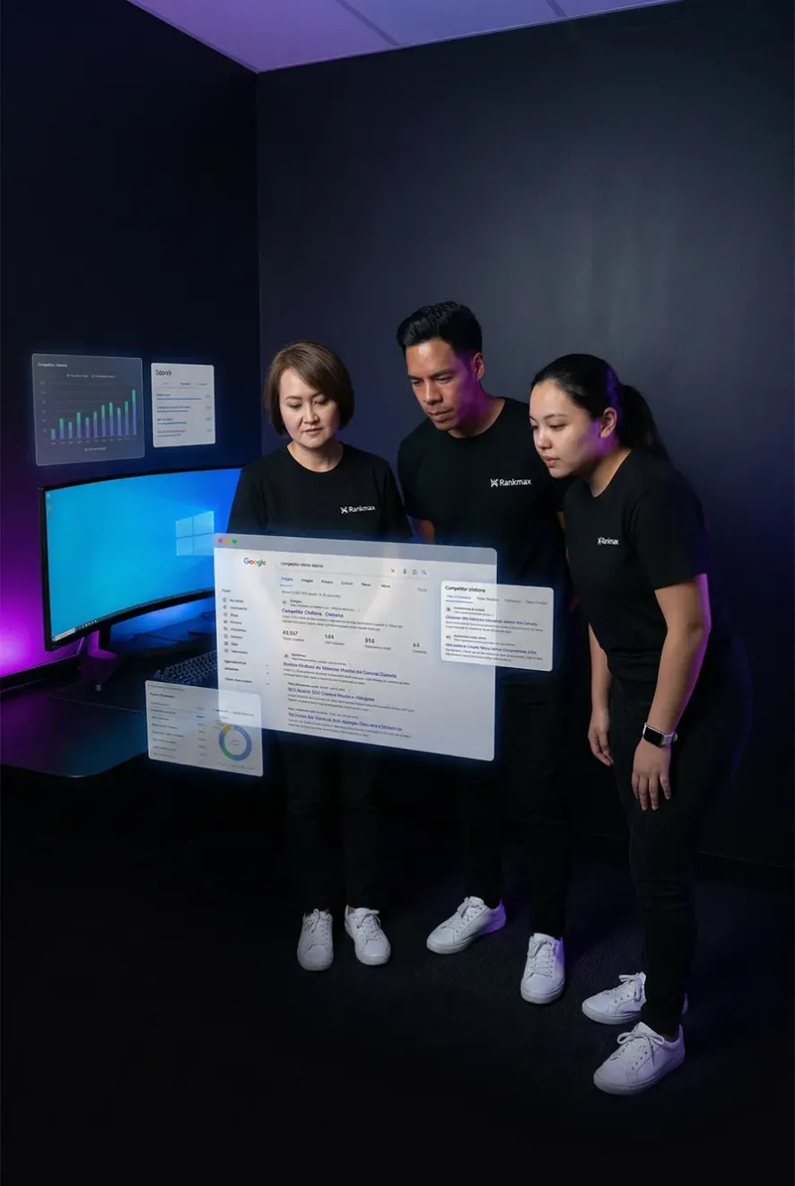 Rankmax AI Mode SEO agency team analysing Google AI Mode search results showing competitor citations on screen.