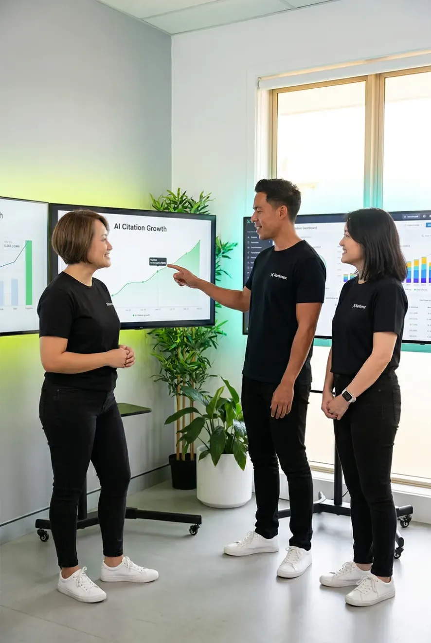 Rankmax AI Mode SEO agency team collaborating around screens showing AI citation growth and revenue results.