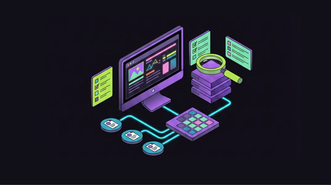 Isometric illustration of an AI Mode SEO audit with structured data analysis and prioritised action list.