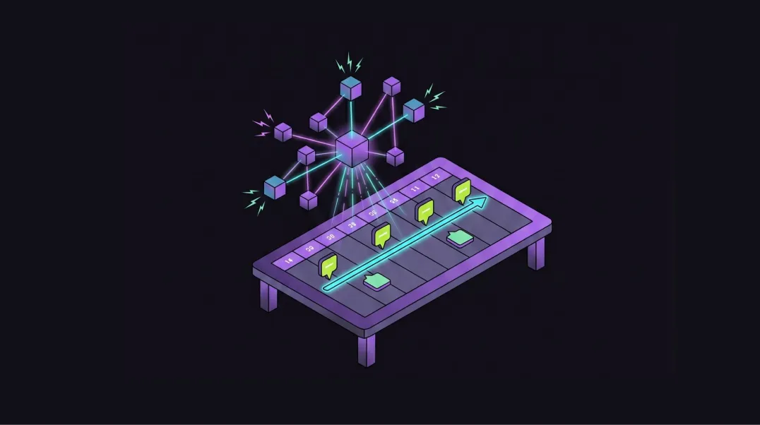 Isometric 3D illustration of a 12-month AI Mode SEO strategy roadmap with topic cluster planning elements.