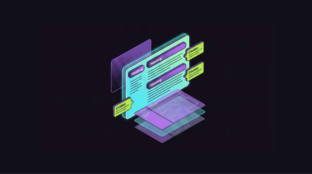 Isometric illustration of AI Mode optimised content creation with answer-led article structure and citation tags.