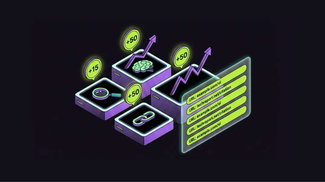 Isometric illustration of AI Mode citation tracking dashboard monitoring brand mentions across AI platforms.