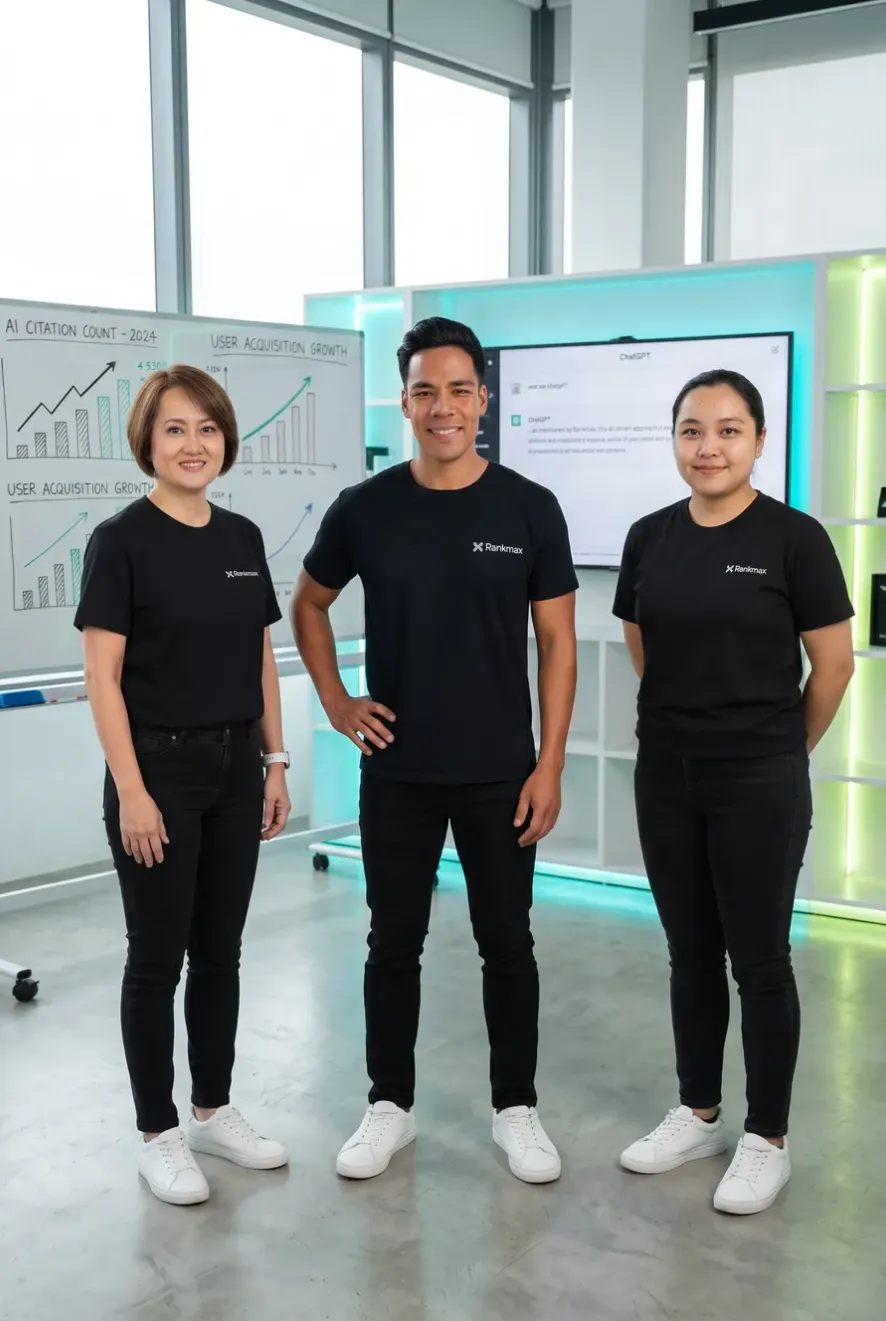 Rankmax ChatGPT SEO agency team celebrating client AI citation success and revenue growth results. 