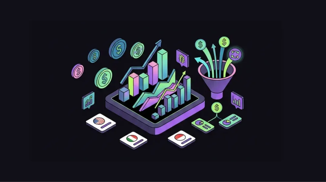 Isometric graphic of an international SEO company revenue attribution dashboard tracking ROI by country market.