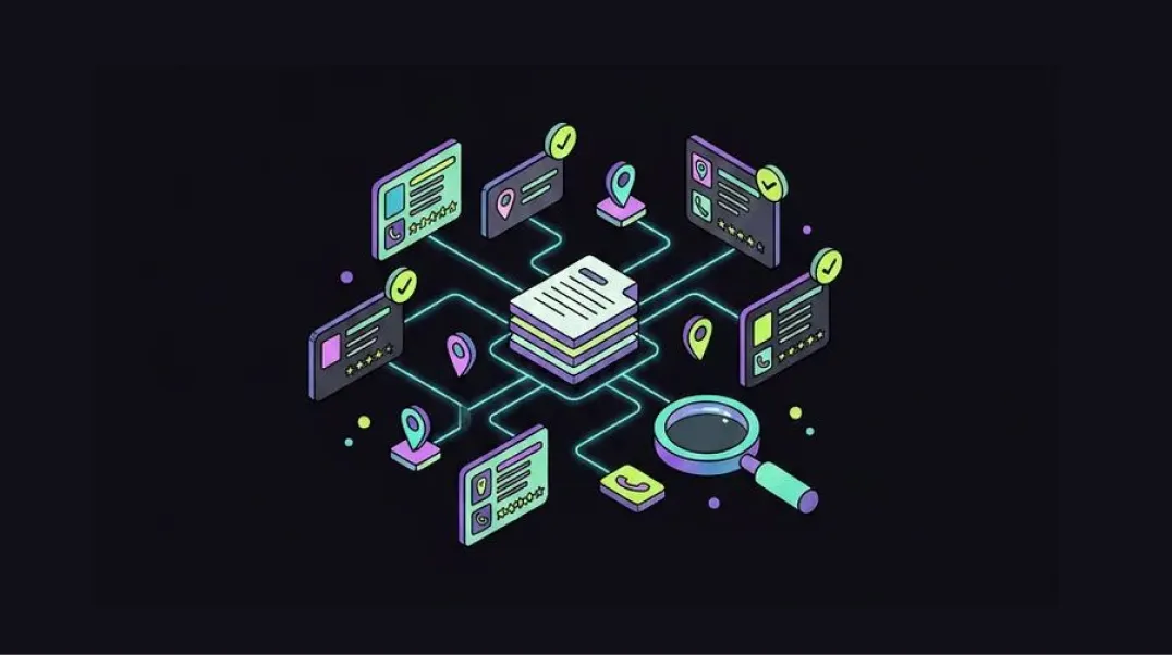 Isometric graphic of local SEO citation building with consistent NAP data across directories.