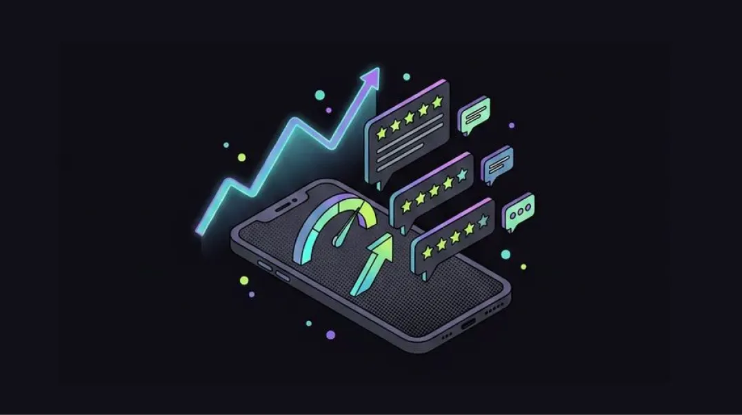 Isometric graphic of local SEO review generation showing five-star reviews and response velocity tracking.