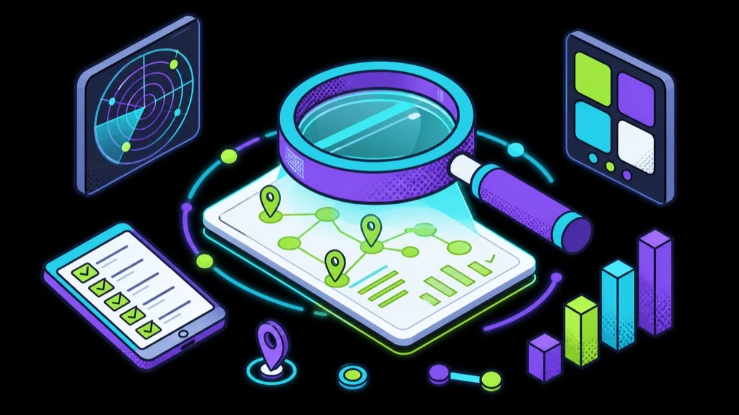 Isometric graphic showing a ChatGPT SEO agency visibility audit scanning AI-generated answers for citations.