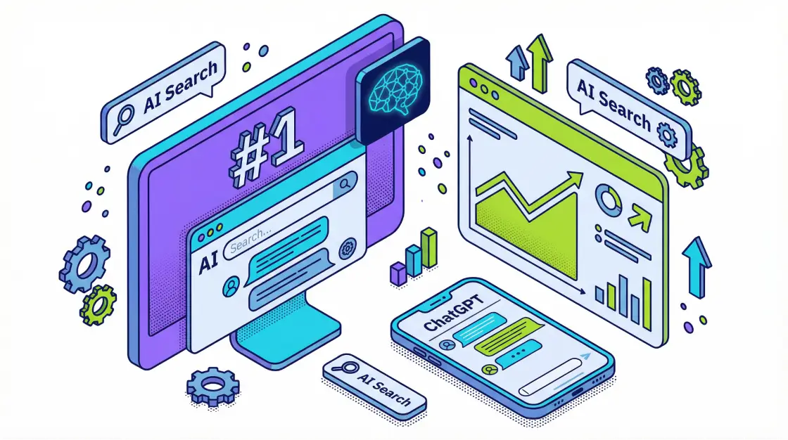 Isometric illustration showing AI SEO ecosystem with computer displaying number one ranking, ChatGPT mobile interface, analytics dashboard with upward growth charts, and AI search elements in purple, cyan, and lime green.
