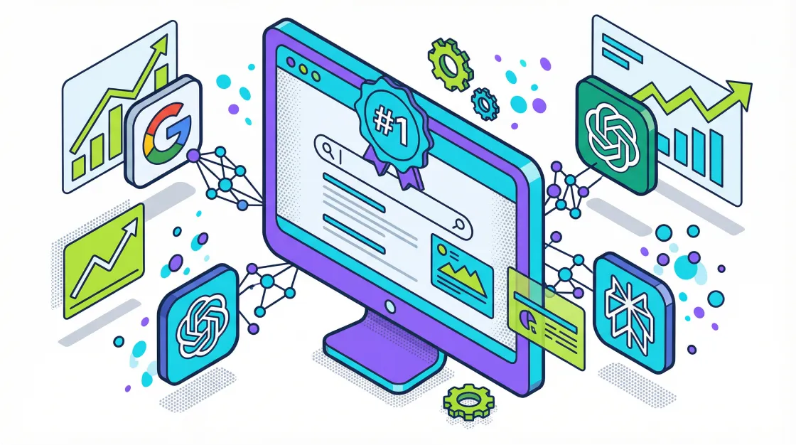 Isometric 3D illustration showing AI SEO strategy across multiple search platforms with central monitor displaying number one ranking, ChatGPT, Google and Perplexity icons, analytics dashboard with upward trending graphs, neural network connections and optimization elements in purple, cyan and lime green