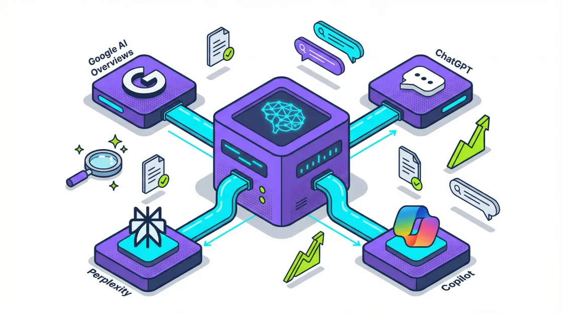 Isometric 3D illustration showing AI search ecosystem with interconnected platforms including Google AI Overviews, ChatGPT, Perplexity and Microsoft Copilot connected by data streams with neural network brain, search elements and analytics graphs in purple, cyan and lime green.