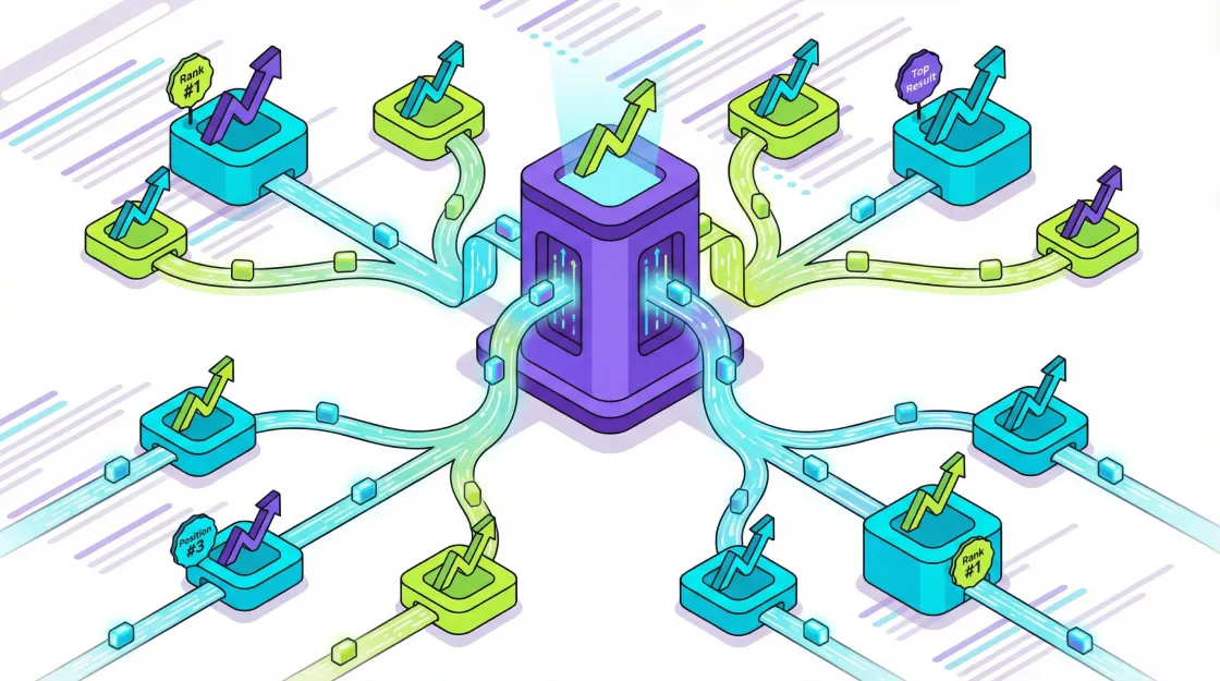 Isometric 3D illustration showing topical authority content cluster structure with central pillar page connected to multiple supporting articles represented as interconnected nodes in purple, cyan and lime green.