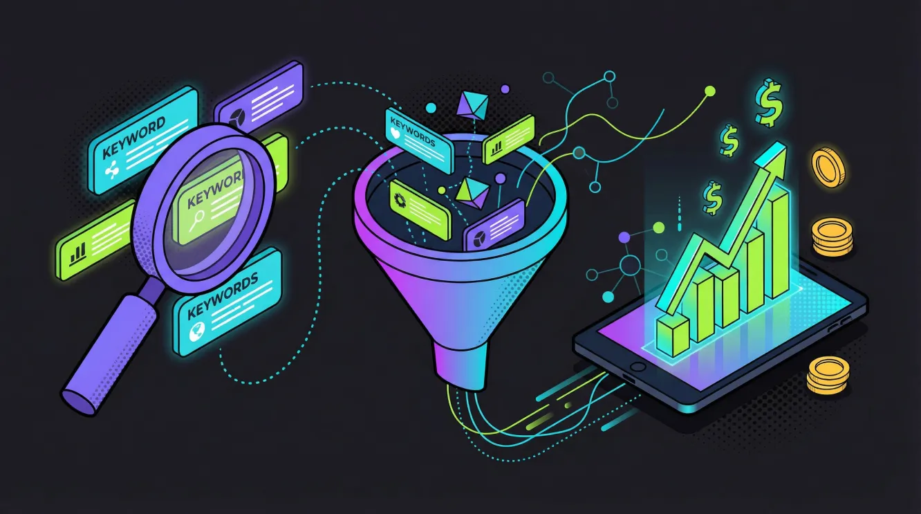 Isometric illustration showing keyword research process with a magnifying glass, analysing search terms flowing into a funnel that produces revenue results.