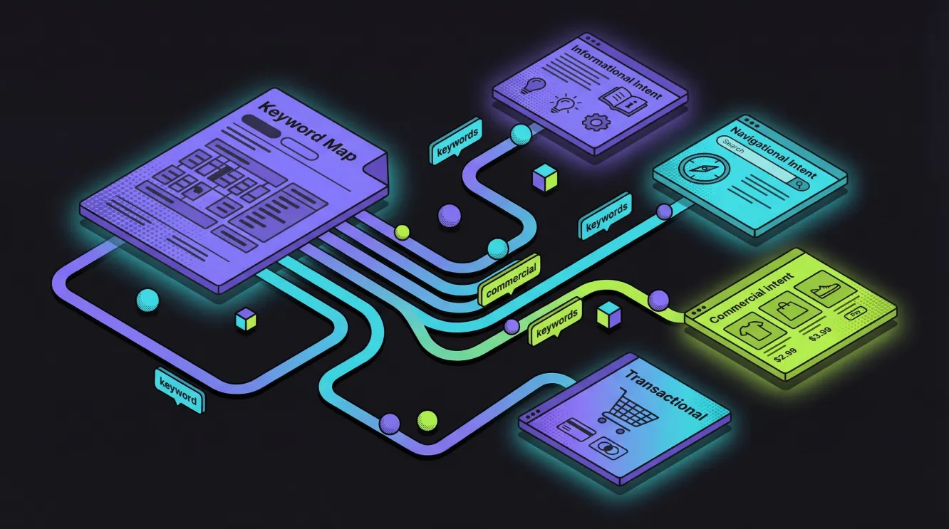 Isometric illustration showing keyword mapping structure with connected URLs and search intent categories for SEO strategy.