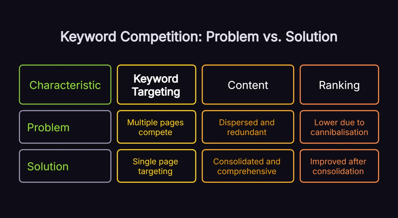 Diagram showing keyword cannibalisation problem with multiple competing pages versus solution with consolidated content targeting
