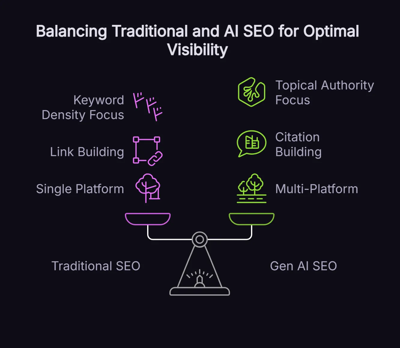 Comparison diagram showing traditional SEO elements like keywords and backlinks alongside gen AI SEO elements, including citations and multi-platform optimisation. 