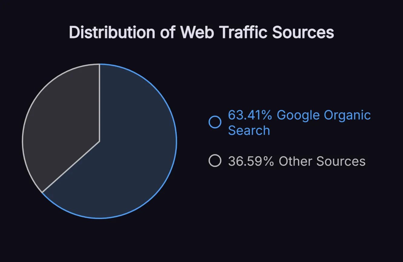 Pie chart of web traffic sources, showing 63.41% of visits from Google organic search and 36.59% from other sources.