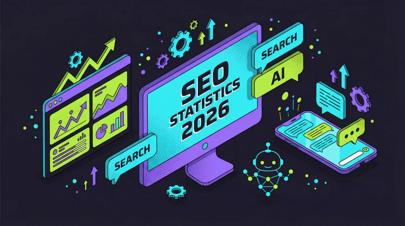 Isometric 3D illustration showing SEO statistics for 2026 with a computer monitor, analytics dashboard, AI search elements, a robot icon, and data visualisations in purple, cyan and lime green.