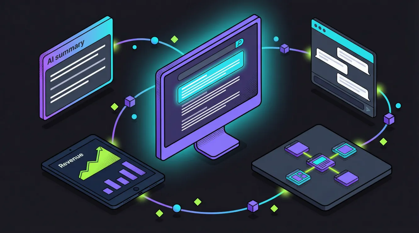 Isometric 3D illustration showing enterprise SEO ecosystem with multiple connected platforms including Google search results, AI Overviews panel, ChatGPT interface, analytics dashboard with revenue graphs and interconnected website architecture in purple, cyan and lime green colour scheme.