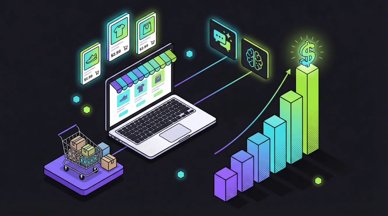 Isometric 3D illustration showing eCommerce SEO optimisation for online stores with product cards, AI search icons, shopping cart and upward revenue graph in purple, cyan and lime green.