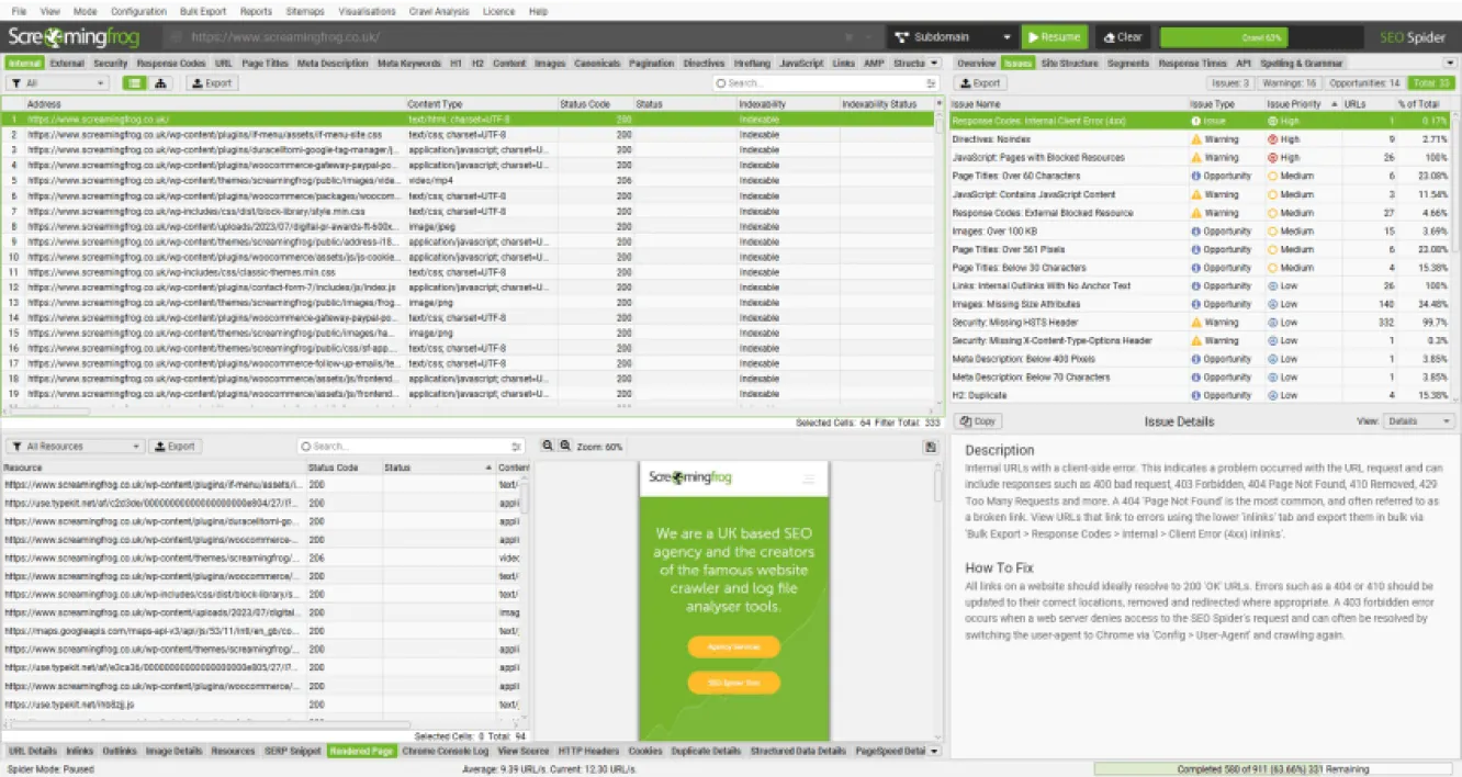 Screaming Frog SEO Spider crawl overview showing technical issues categorised by type and severity