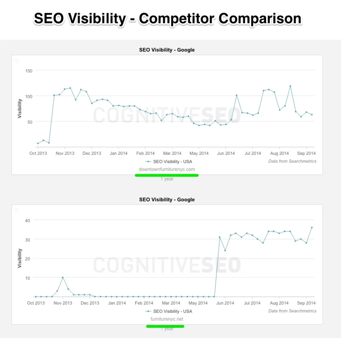 Searchmetrics visibility analysis showing organic performance data across multiple international markets.