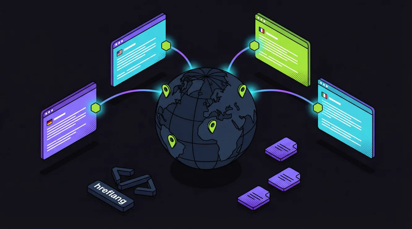 Isometric 3D illustration showing an international SEO strategy connecting multiple regional websites across the globe with hreflang implementation and localised content nodes.