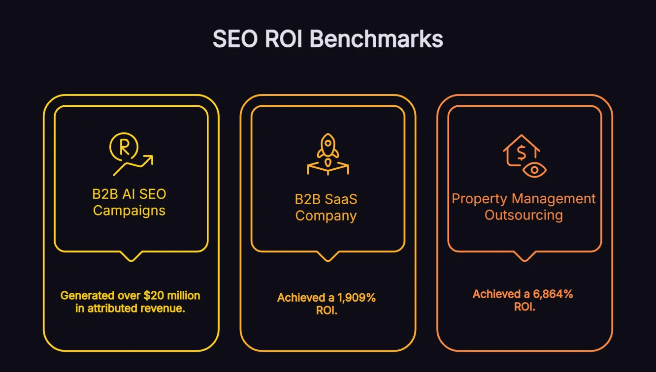 SEO ROI benchmarks infographic showing three Rankmax client results: B2B AI SEO campaigns generated over $20 million in attributed revenue, B2B SaaS company achieved 1,909% ROI and property management outsourcing achieved 6,864% ROI