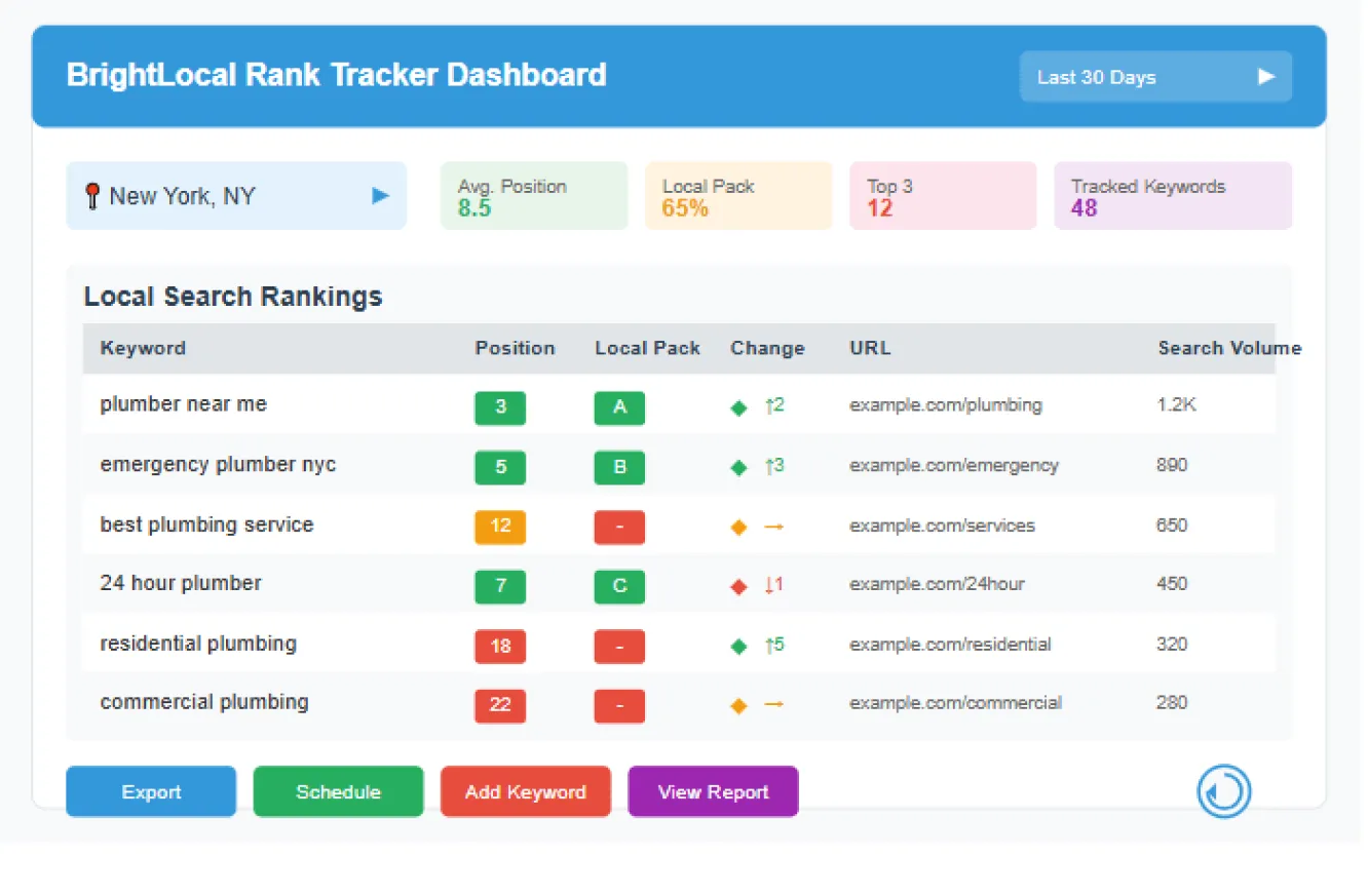 BrightLocal dashboard showing local rank tracking heatmap and citation audit results.