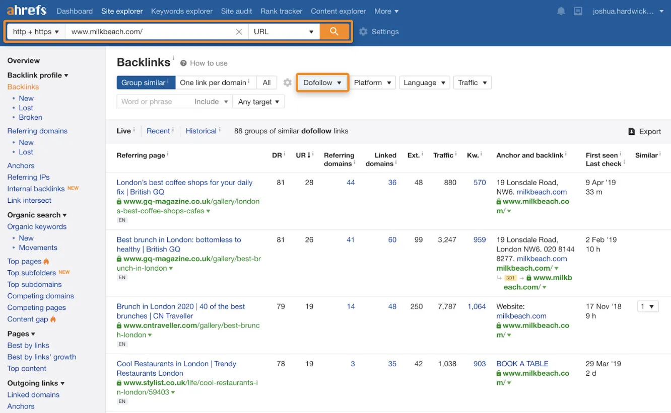 Ahrefs Site Explorer showing competitor backlink profile for local citation research