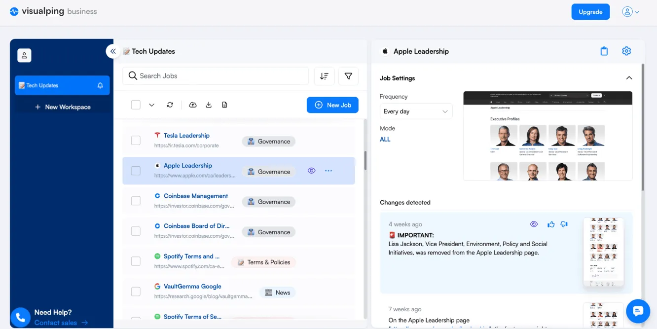 Visualping website change detection interface.