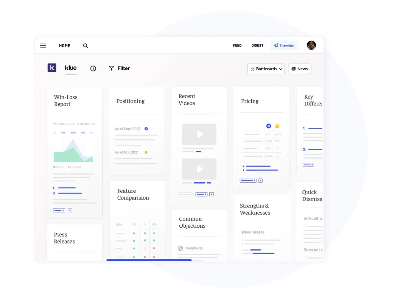 Klue competitive intelligence battlecards dashboard.