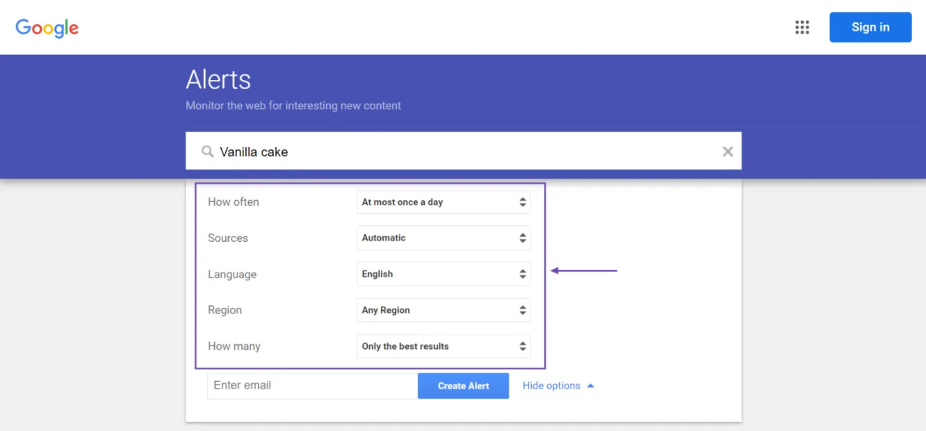 Google Alerts configuration for competitor monitoring.