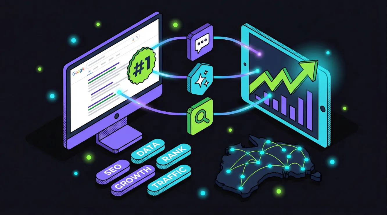 Isometric 3D illustration showing national SEO strategy ecosystem with Google search results, AI platform icons, analytics dashboard with upward trends, keyword clusters and network connections in purple, cyan and lime green.