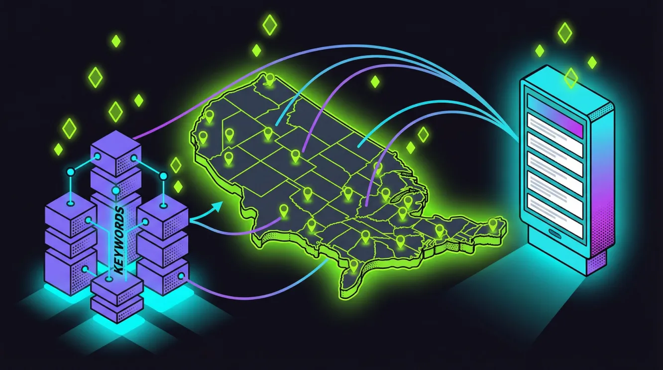Isometric illustration showing a national SEO campaign strategy with keyword clusters, content creation and national map coverage.