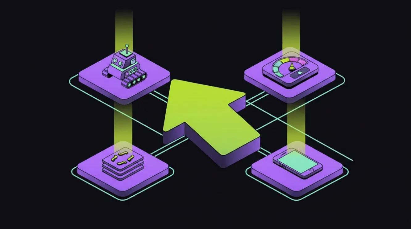 Isometric diagram showing the core pillars of technical SEO including crawlability, site speed, structured data and mobile optimisation on a dark background.