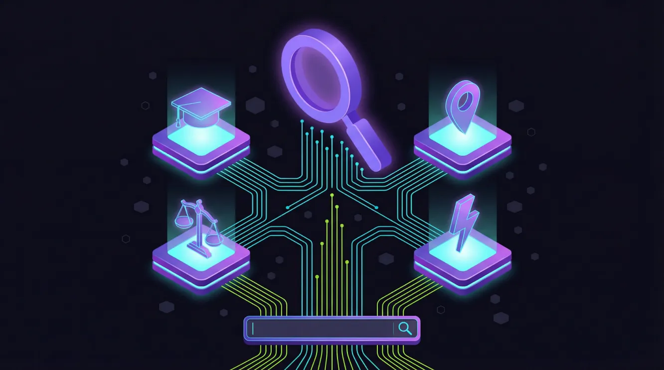 Isometric 3D illustration showing four glowing platforms representing the four types of search intent connected by cyan neural network lines flowing from a central search bar interface on a dark background.
